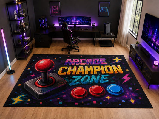 ICE ARMOR "Ultra Light Weight Large 6'7" x 9'10" Arcade Champion Joystick Area Rug for Kids Room Playroom, Soft Low Pile Indoor Rug and Non-Slip Silicone Backing, Black