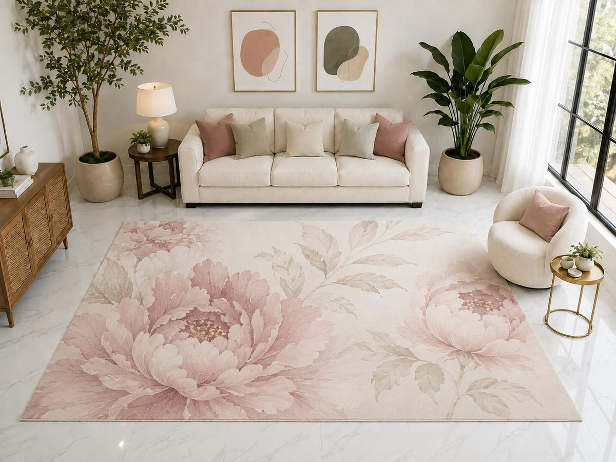 ICE ARMOR "Ultra Light Weight Large 6'7" x 9'10" Blush Peony Floral Rug, Soft Low Pile Indoor Rug, Non-Slip Silicone Backing for Bedroom Pink Cream