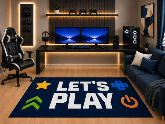 ICE ARMOR "Ultra Light Weight 5' x 7' Gamer Area Rug Lets Play Typography Video Game Icon Art for Boys Bedroom Gaming Room Playroom Non-Slip Silicone Backing Low Pile