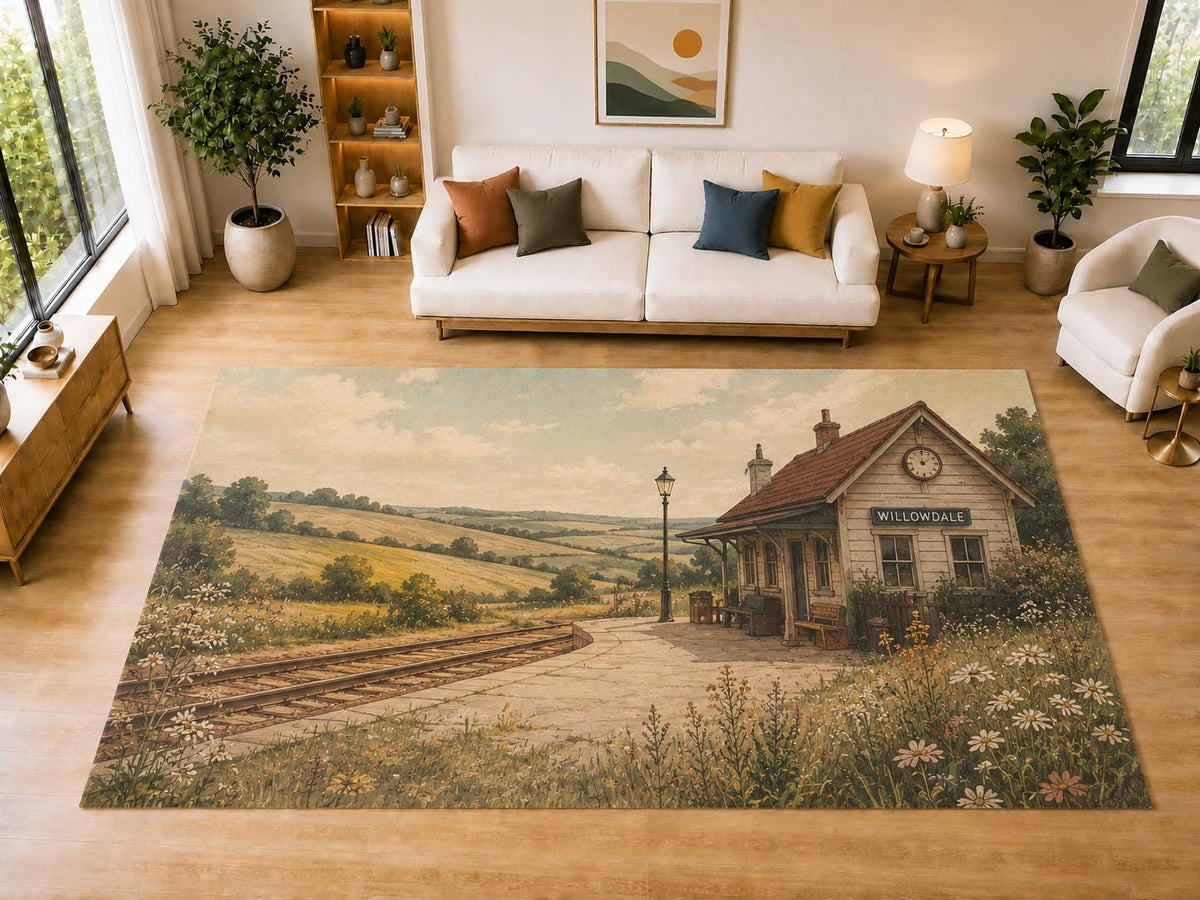 ICE ARMOR "Ultra Light Weight Large 6'7" x 9'10" Country Train Station Wildflower Area Rug for Living Room, Bedroom, Dining Room, Soft Low Pile Non-Slip Backing, Beige