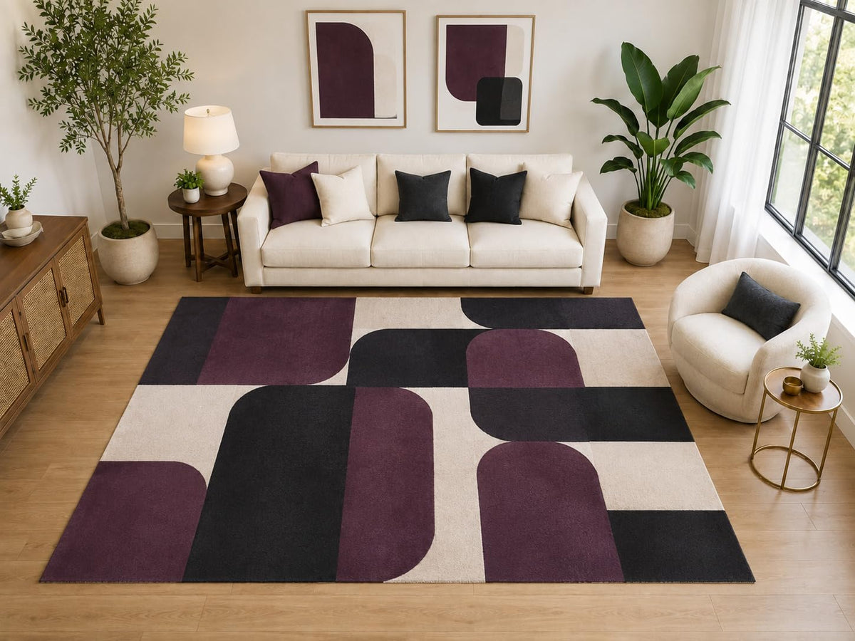 ICE ARMOR Large 6'7" x 9'10" Abstract Rounded Block Area Rug for for Bedroom, Living Room, Soft Low Pile Indoor Rug with Non-Slip Silicone Backing, Burgundy Black Ivory