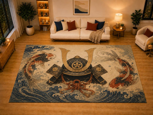 ICE ARMOR "Ultra Light Weight Large 6'7" x 9'10" Kabuto Koi Fish Area Rug for Living Room Bedroom Dining Area, Soft Low Pile Non-Slip Backing, Beige Blue Red Asian Inspired Decor
