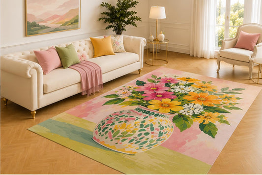 ICE ARMOR 5' x 7' Painted Floral Pot Rug, Pink, Orange and Yellow Garden Blooms on Blush Background, Bright Cottage Decor for Living Room, Bedroom, Hallway or Guest Space