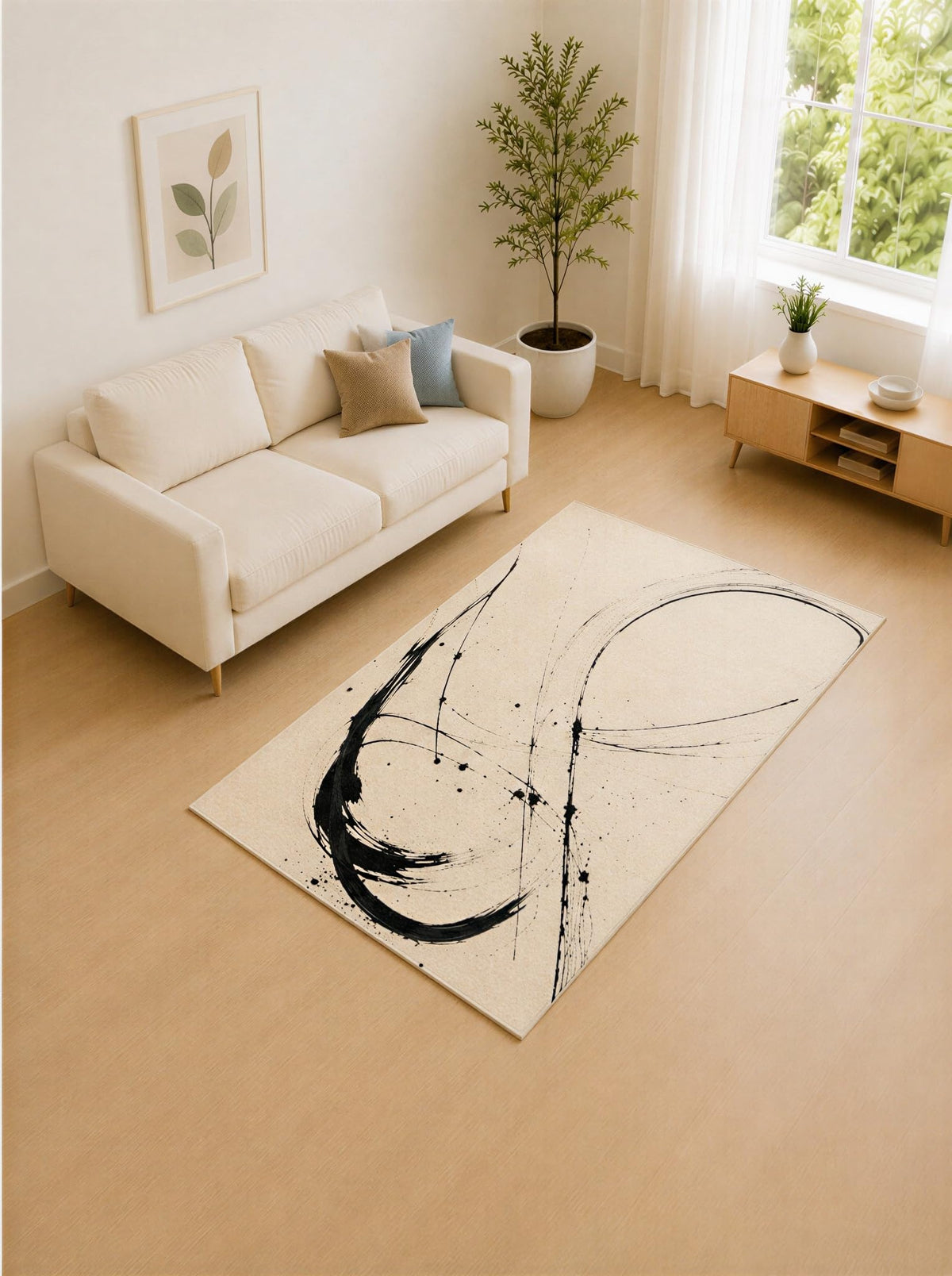 ICE ARMOR 5' x 7' Black and Ivory Ink Motion Area Rug for Living Room, Soft Low Pile Carpet with Non-Slip Silicone Backing, Decor for Bedroom and Home Office