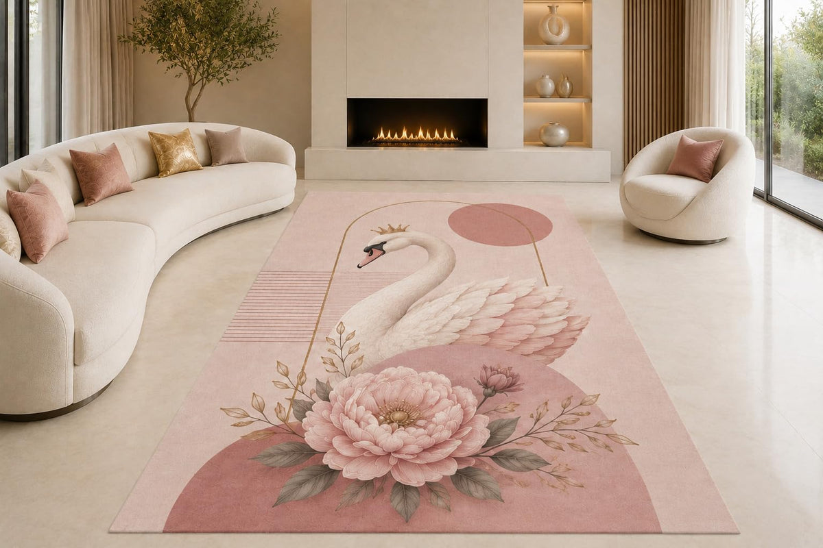 ICE ARMOR "Ultra Lightweight Large 6'7" x 9'10" Crowned Swan Peony Area Rug for Living Room, Bedroom and Home Office, Soft Low Pile Carpet with Non-Slip Silicone Backing, Pink and Cream