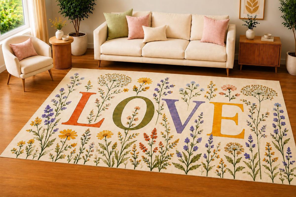 ICE ARMOR 5' x 7' Wildflower Meadow Love Area Rug, Soft Low Pile Indoor Rug with Non-Slip Silicone Backing, Decorative Carpet for Living Room, Bedroom, Nursery, Kids Room, Beige Pastel