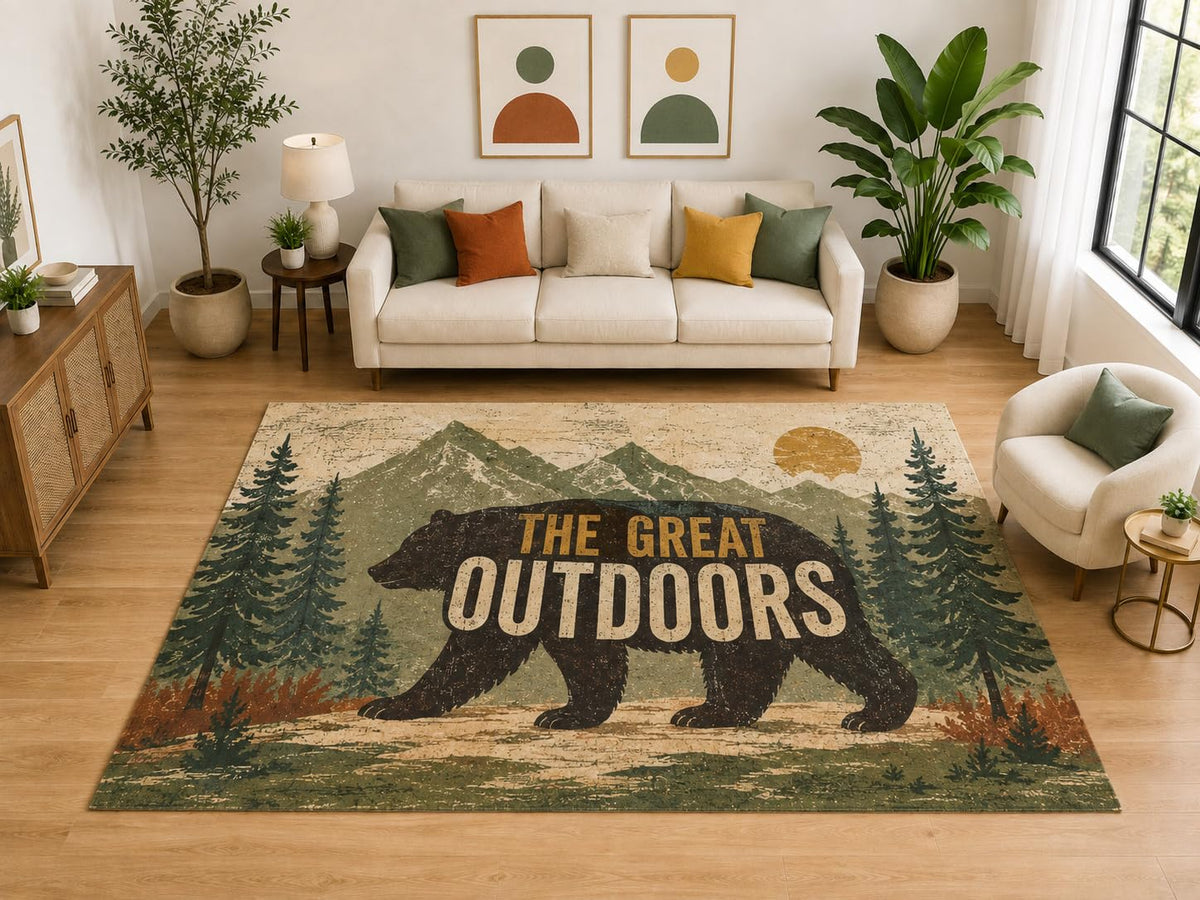 ICE ARMOR "Ultra Light Weight Large 6'7" x 9'10" Great Outdoors Bear Rug, Soft Low Pile Indoor Rug, Non-Slip Silicone Backing, Living Room Green