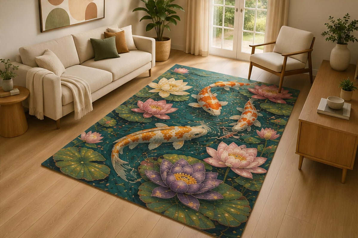 ICE ARMOR 5' x 7' Koi Fish Lotus Pond Area Rug for Living Room, Soft Low Pile Indoor Rug with Non-Slip Silicone Backing, Water Garden Decor for Bedroom, Dining Room, Family Room, Kids & Pets, Teal