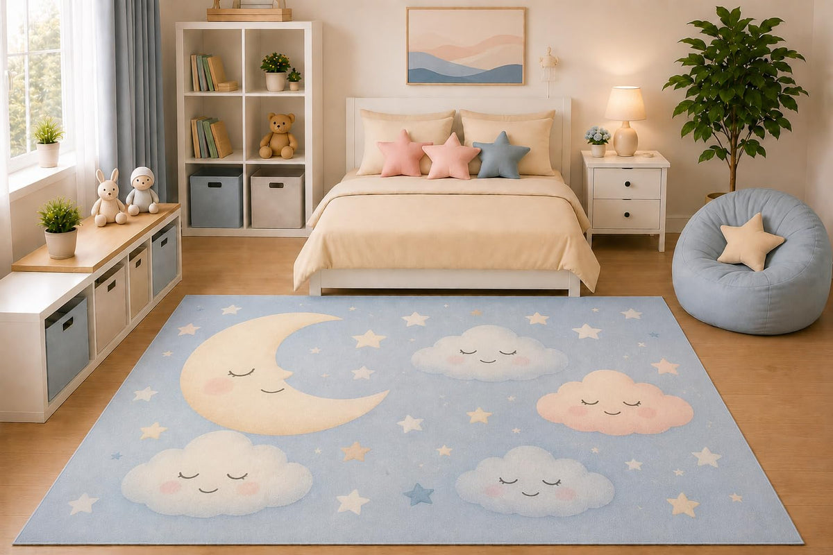 ICE ARMOR 5' x 7' Kids Area Rug Cute Sleeping Clouds and Moon Nursery Rug Pastel Blue Celestial Stars Cartoon Bedroom Playroom Decor for Boys Girls Non-Slip Silicone Backing Low Pile