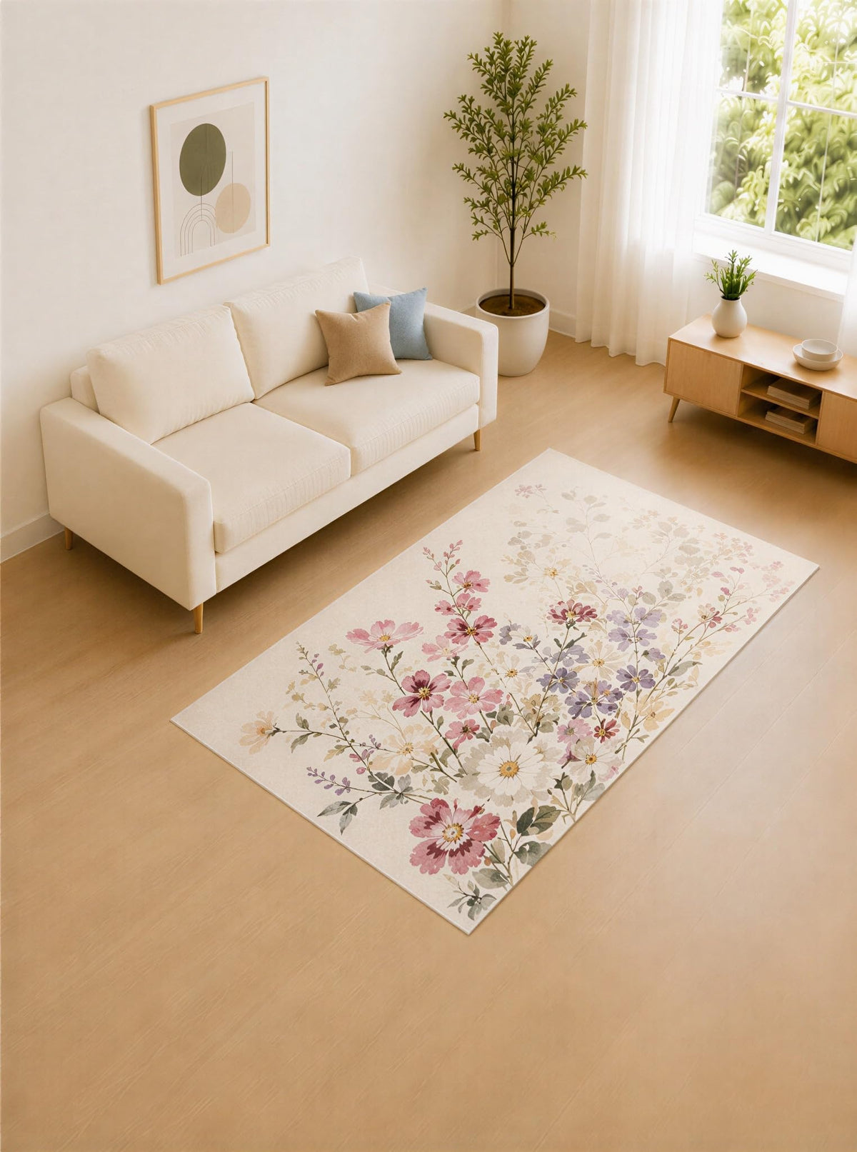 ICE ARMOR 5' x 7' Pastel Pink and Lavender Wildflower Meadow Area Rug for Living Room, Soft Low Pile Carpet with Non-Slip Silicone Backing, Decor for Bedroom and Home Office