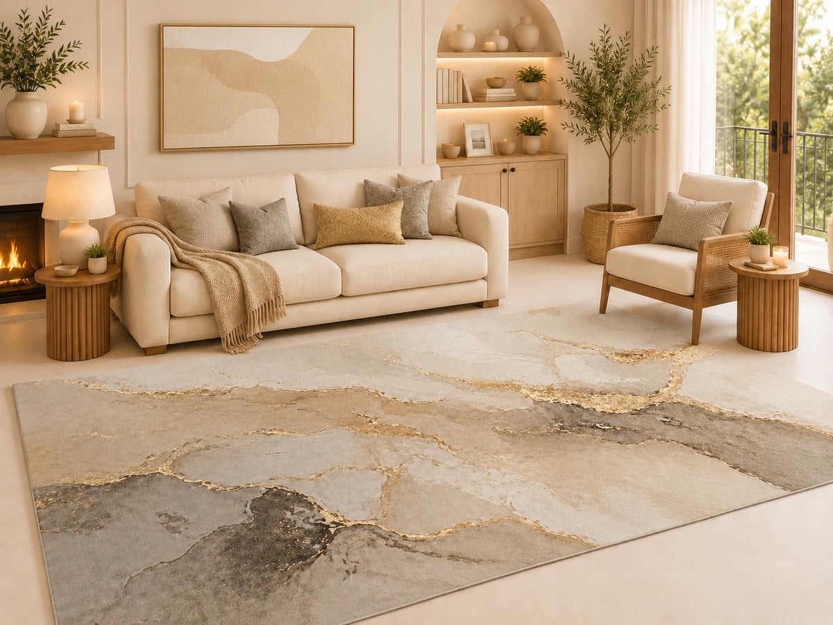 ICE ARMOR 6'7" x 9'10" Neutral Marble Veins Area Rug for Living Room, Soft Low Pile Carpet with Non-Slip Silicone Backing, for Bedroom, Dining Area and Office, Beige, Contemporary Home Decor