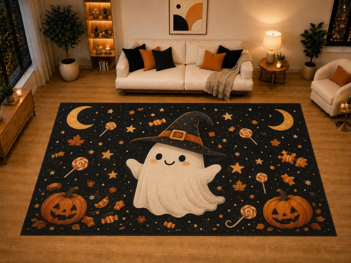 ICE ARMOR "Ultra Light Weight Large 6'7" x 9'10" Witch Ghost Pumpkin Candy Area Rug for Living Room Bedroom, Soft Low Pile Non-Slip Backing, Black Orange Halloween Decor