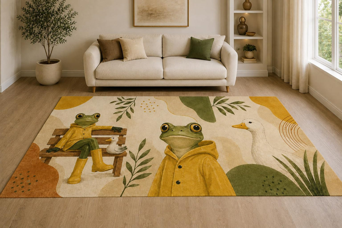 ICE ARMOR "Ultra Lightweight Large 6'7" x 9'10" Dapper Frog Friends Area Rug for Living Room, Bedroom and Home Office, Soft Low Pile Carpet with Non-Slip Silicone Backing, Green and Mustard