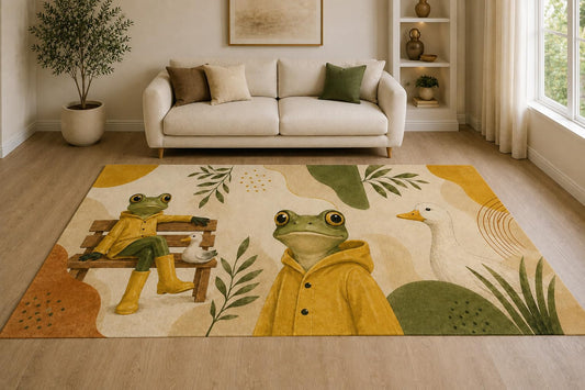 ICE ARMOR "Ultra Lightweight Large 6'7" x 9'10" Dapper Frog Friends Area Rug for Living Room, Bedroom and Home Office, Soft Low Pile Carpet with Non-Slip Silicone Backing, Green and Mustard