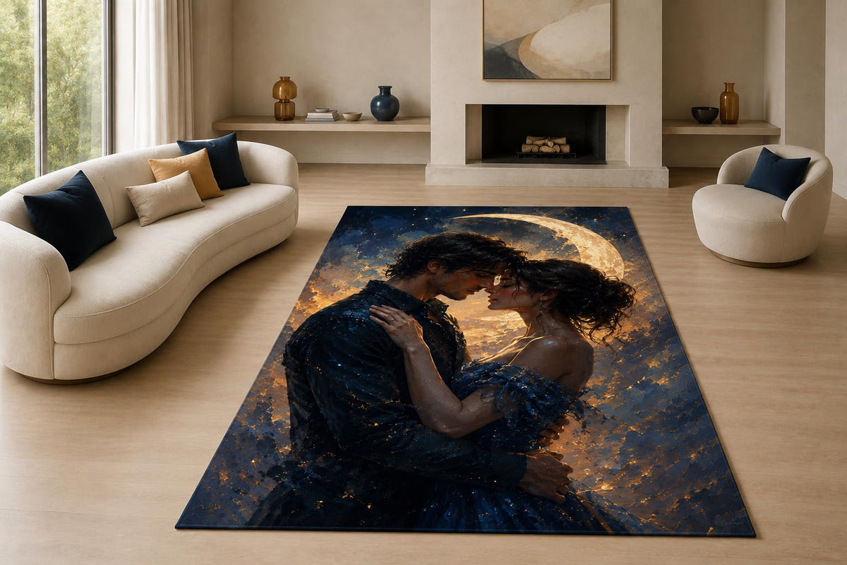 ICE ARMOR "Ultra Lightweight Large 6'7" x 9'10" Moonlit Embrace Area Rug for Living Room, Bedroom and Home Office, Soft Low Pile Carpet with Non-Slip Silicone Backing, Blue and Golden Color