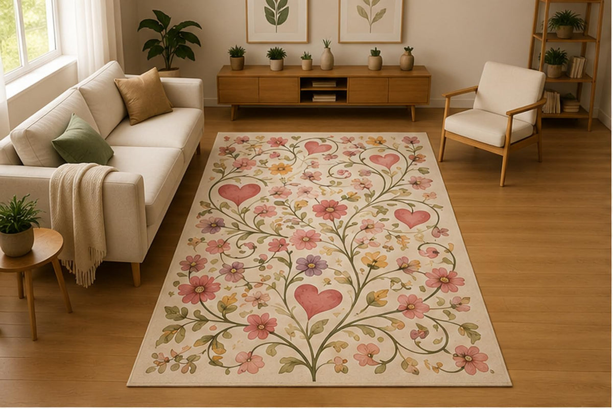 ICE ARMOR 5' x 7' Floral Heart Vine Area Rug for Living Room, Soft Low Pile Indoor Rug with Non-Slip Silicone Backing, Decorative Carpet for Bedroom, Nursery, Playroom, Kids & Pets, Cream Pink