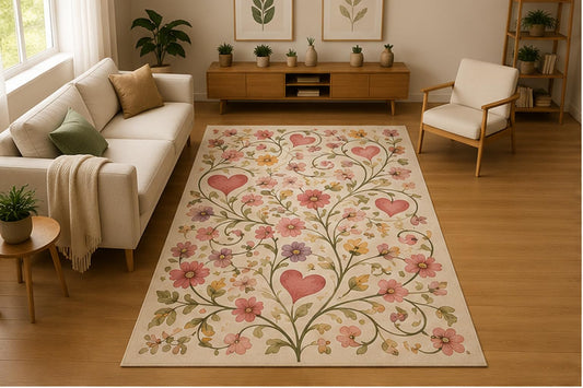 ICE ARMOR 5' x 7' Floral Heart Vine Area Rug for Living Room, Soft Low Pile Indoor Rug with Non-Slip Silicone Backing, Decorative Carpet for Bedroom, Nursery, Playroom, Kids & Pets, Cream Pink