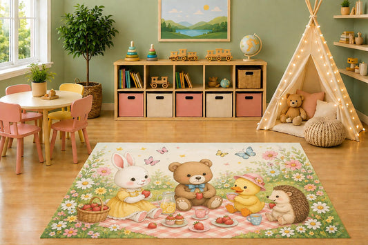 ICE ARMOR 5' x 7' Woodland Friends Picnic Area Rug, Watercolor Bunny Bear Duck Hedgehog Strawberry Tea Party Floral Kids Nursery Playroom Bedroom Decor, Non-Slip Silicone Backing Low Pile