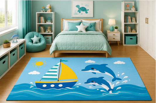 ICE ARMOR 5' x 7' Cute Dolphin and Sailboat Area Rug for Kids Bedroom Nursery Playroom Scandinavian Minimalist Nautical Ocean Coastal Decor Non-Slip Silicone Backing Low Pile