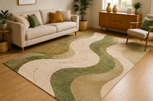 ICE ARMOR 5' x 7' Modern Abstract River Flow Area Rug for Living Room, Soft Low Pile Indoor Rug with Non-Slip Silicone Backing, Contemporary Carpet for Bedroom, Office, Family Room, Olive Green Beige