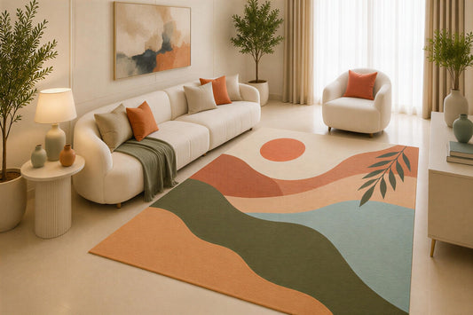 ICE ARMOR 5' x 7' Desert Sunset Area Rug, Terracotta Sage Green Abstract Landscape Design for Living Room Bedroom Office, Non-Slip Silicone Backing, Low Pile Carpet