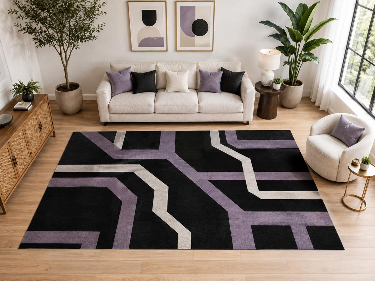 ICE ARMOR Large 6'7" x 9'10" Angular Maze Line Area Rug for for Bedroom, Living Room, Soft Low Pile Indoor Rug with Non-Slip Silicone Backing, Black Lavender Ivory