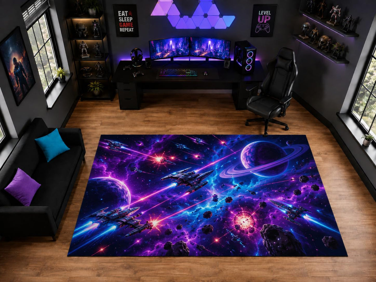 ICE ARMOR "Ultra Light Weight Large 6'7" x 9'10" Neon Space Battle and Planet Area Rug for Gaming Room Decor, Soft Low Pile Indoor Rug with Non-Slip Silicone Backing, Purple Blue Black
