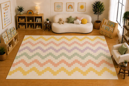 ICE ARMOR Large 6'7" x 9'10" Pastel Chevron Geometric Area Rug for Kids Room, Classroom, Bedroom, Playroom Decor, Soft Low Pile Indoor Rug with Non-Slip Silicone Backing, Pastel Multicolor