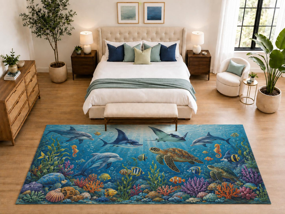 ICE ARMOR "Ultra Light Weight Large 6'7" x 9'10" Dolphin Turtle Ray Rug for Bedroom, Soft Low Pile Indoor Rug and Non-Slip Silicone Backing, Blue