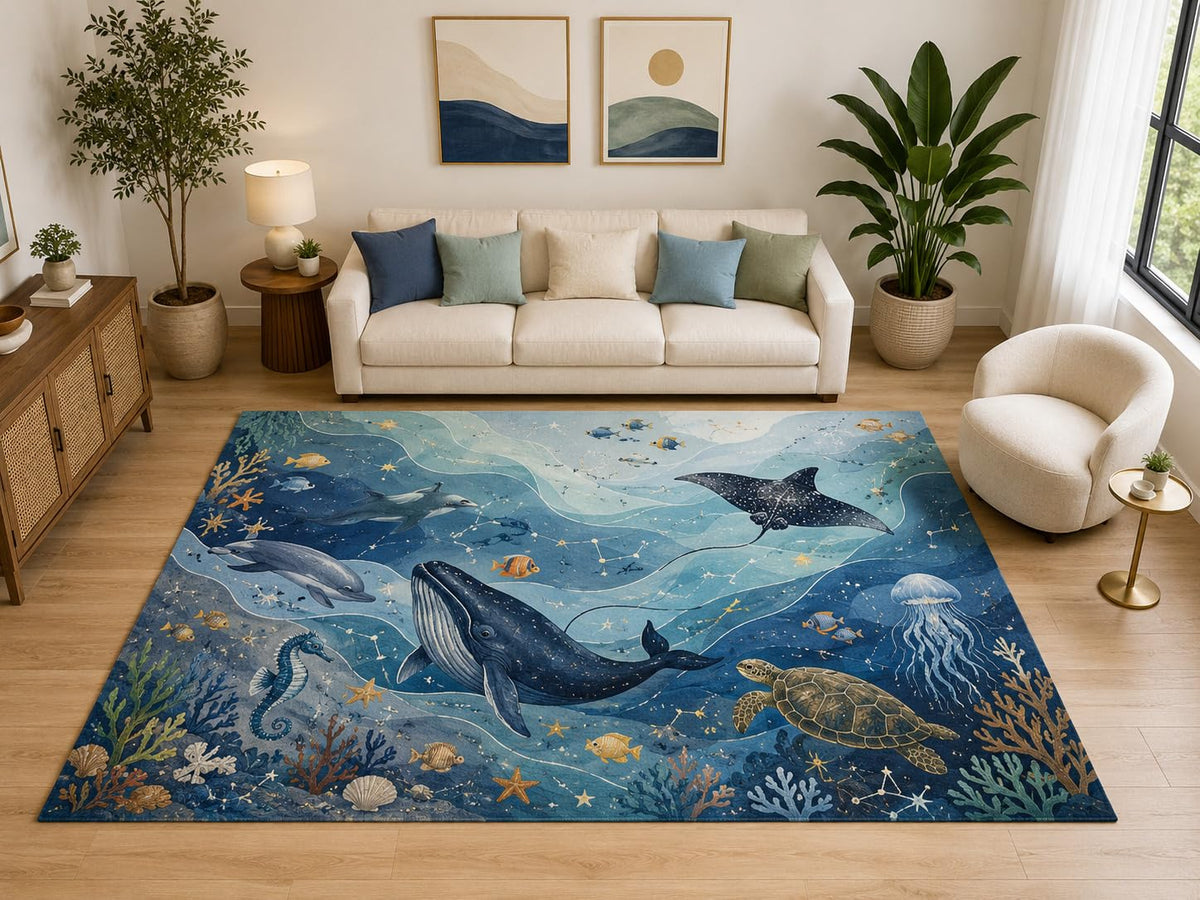 ICE ARMOR "Ultra Light Weight Large 6'7" x 9'10" Whale Turtle Ocean Rug for Kids Room, Soft Low Pile Indoor Rug and Non-Slip Silicone Backing, Blue