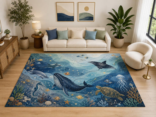 ICE ARMOR "Ultra Light Weight Large 6'7" x 9'10" Whale Turtle Ocean Rug for Kids Room, Soft Low Pile Indoor Rug and Non-Slip Silicone Backing, Blue