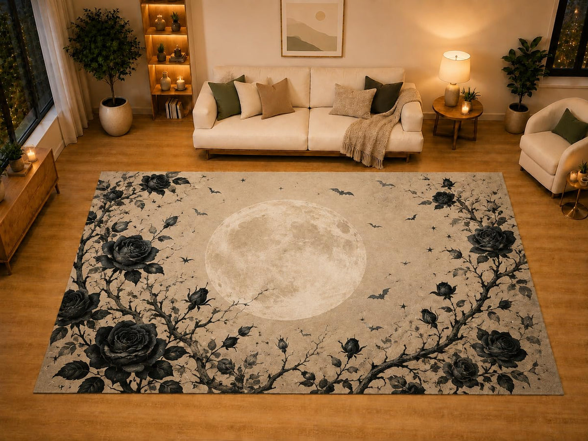 ICE ARMOR "Ultra Light Weight Large 6'7" x 9'10" Black Rose Full Moon Bat Area Rug for Living Room Bedroom, Soft Low Pile Non-Slip Backing, Beige Black Gothic Floral Decor
