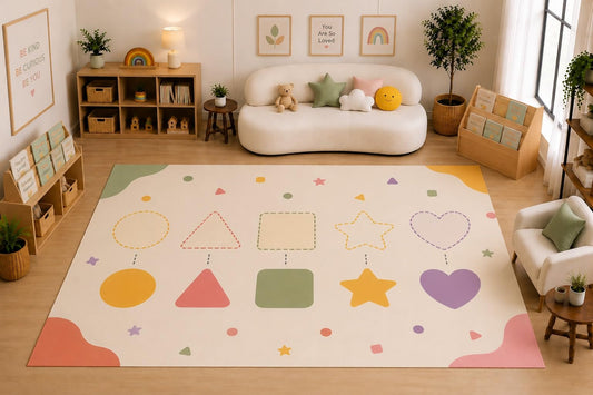 ICE ARMOR Large 6'7" x 9'10" Shape Matching Learning Area Rug for Kids Room, Classroom, Bedroom, Playroom Decor, Soft Low Pile Indoor Rug with Non-Slip Silicone Backing, Cream Multicolor