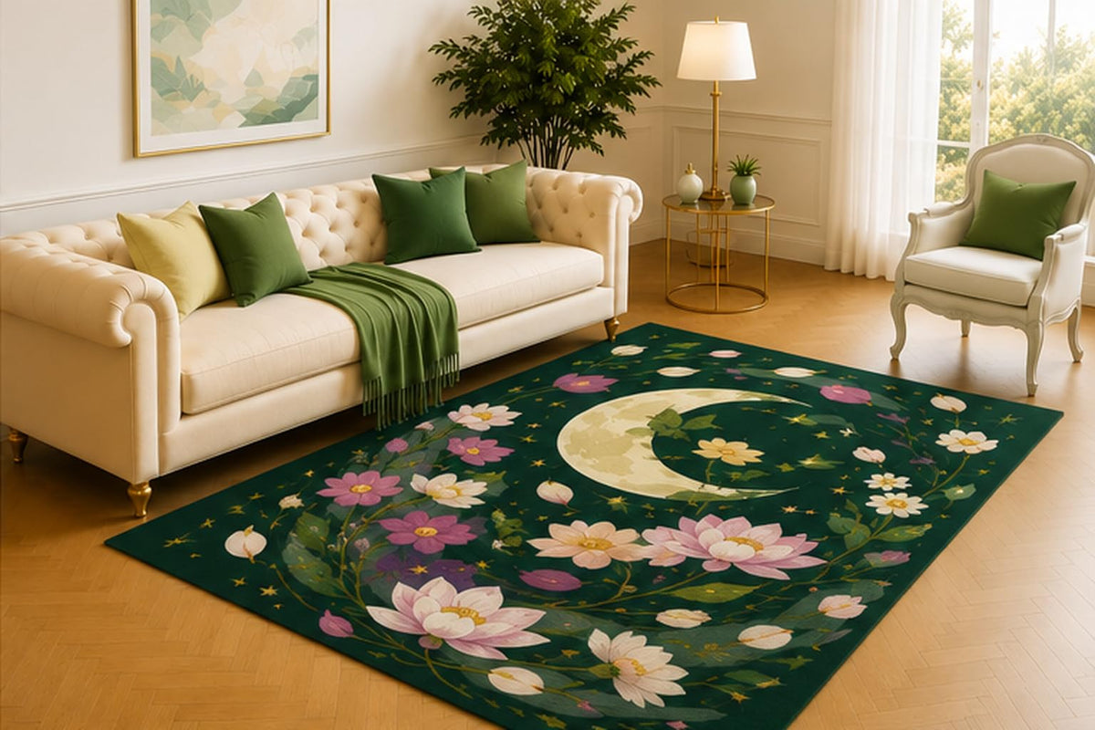 ICE ARMOR 5' x 7' Lotus Moon Wreath Rug, Pink and Ivory Blossoms Circling a Golden Crescent on Dark Teal, Serene Accent for Bedroom, Lounge or Meditation Room