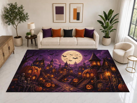 ICE ARMOR "Ultra Light Weight Large 6'7" x 9'10" Pumpkin Village Skeleton Rug, Soft Low Pile Indoor Rug, Non-Slip Silicone Backing for Living Room Purple