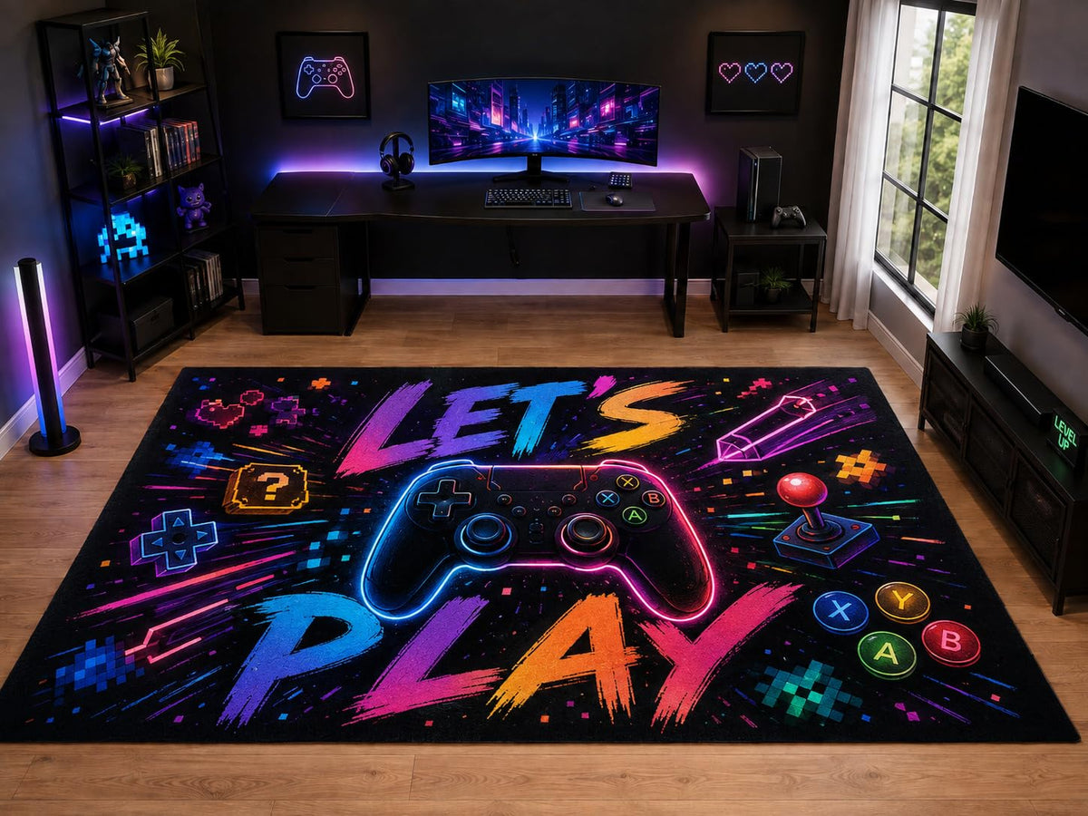 ICE ARMOR "Ultra Light Weight Large 6'7" x 9'10" Lets Play Gaming Controller Area Rug for Kids Room Playroom, Soft Low Pile Indoor Rug and Non-Slip Silicone Backing, Black