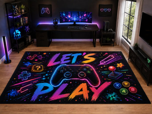 ICE ARMOR "Ultra Light Weight Large 6'7" x 9'10" Lets Play Gaming Controller Area Rug for Kids Room Playroom, Soft Low Pile Indoor Rug and Non-Slip Silicone Backing, Black