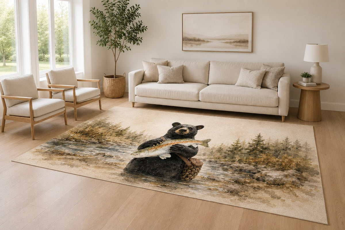 ICE ARMOR Large 6'7" x 9'10" Beige and Black Trout Bear Accent Area Rug for Living Room, Soft Low Pile Carpet with Non-Slip Silicone Backing, Decor for Bedroom and Home Office