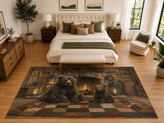 ICE ARMOR "Ultra Light Weight Large 6'7" x 9'10" Bear Family Fireplace Rug, Soft Low Pile Indoor Rug, Non-Slip Silicone Backing for Family Room Brown