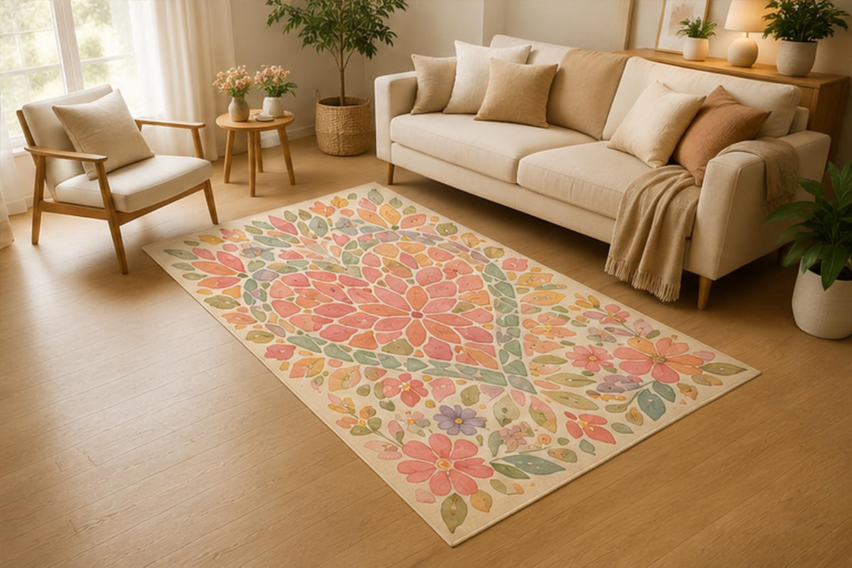 ICE ARMOR 5' x 7' Floral Heart Medallion Area Rug, Soft Low Pile Indoor Rug with Non-Slip Silicone Backing for Living Room, Bedroom, Dining Room, Office, Elegant Botanical Decor, Pink Green Peach