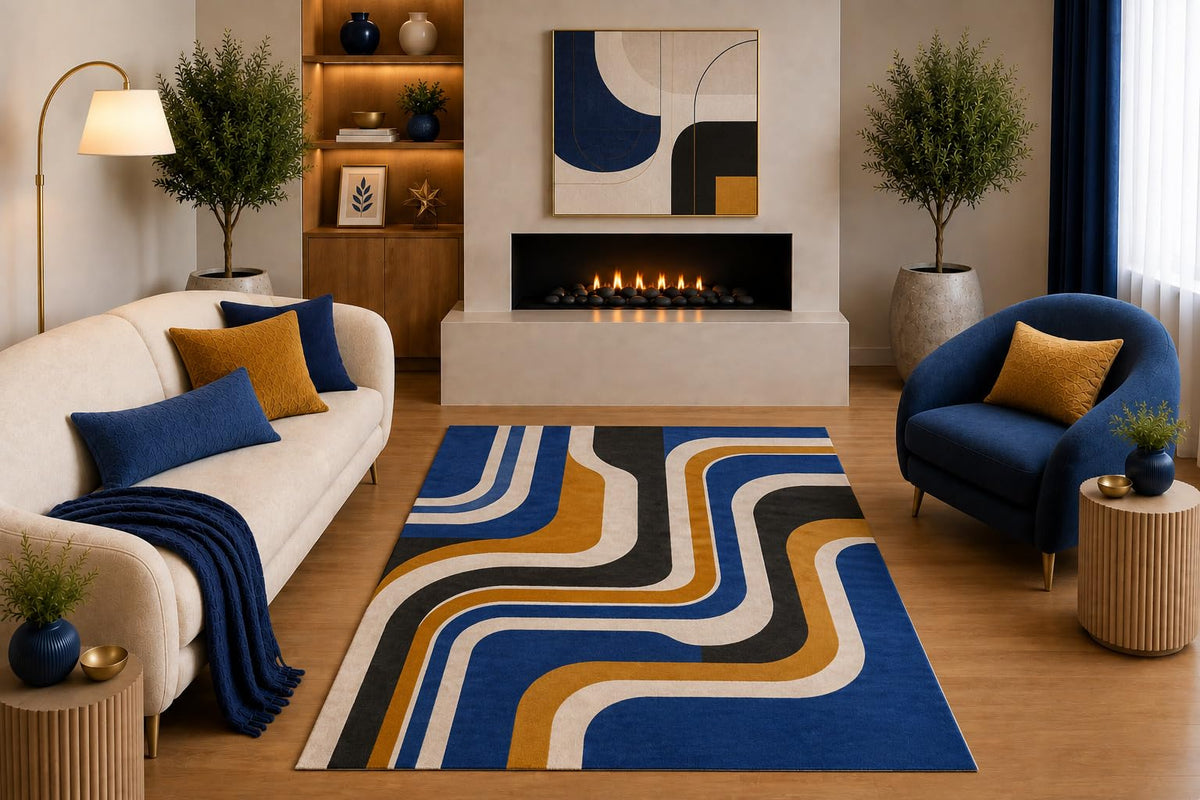 ICE ARMOR "Ultra Light Weight 5' x 7' Mid Century Modern Area Rug Navy Blue Mustard Black Beige Abstract Curved Stripe Design for Living Room Bedroom Non-Slip Silicone Backing Low Pile