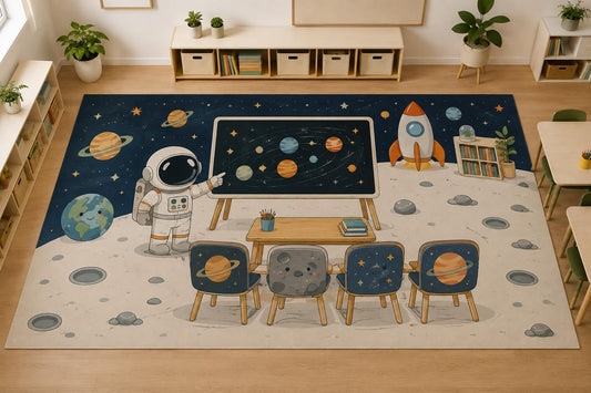 ICE ARMOR Large 6'7" x 9'10" Astronaut Space Classroom Area Rug, Soft Low Pile Indoor Rug with Non-Slip Silicone Backing for Kids Room, Navy Blue