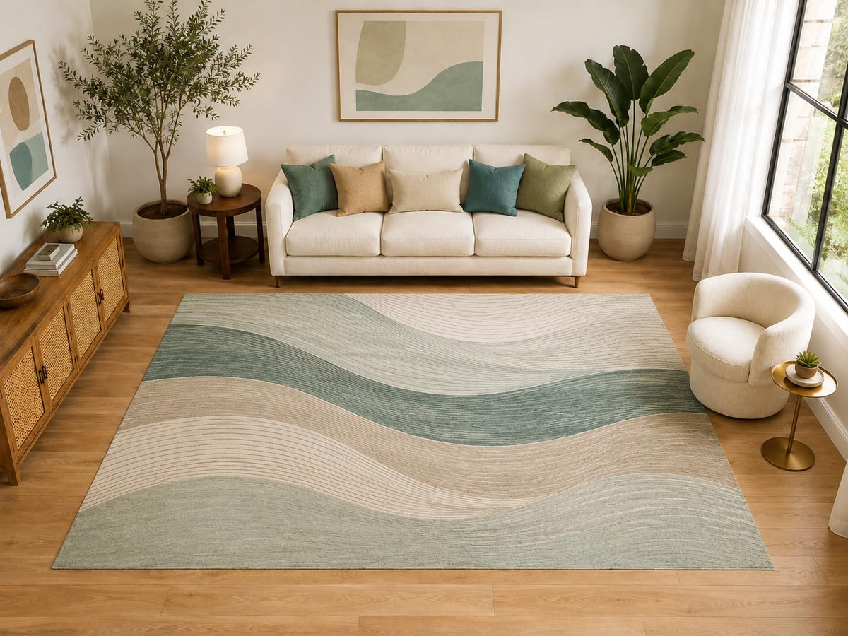 ICE ARMOR "Ultra Light Weight Large 6'7" x 9'10" Sage Abstract Wave Area Rug for Living Room and Bedroom, Soft Low Pile Indoor Rug and Non-Slip Silicone Backing, Sage