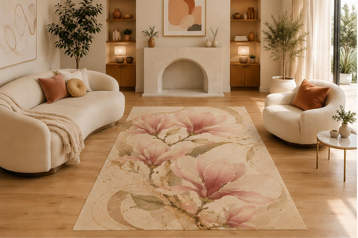 ICE ARMOR 5' x 7' Blush Magnolia Floral Area Rug, Soft Low Pile Non-Slip Indoor Carpet for Living Room, Bedroom, Nursery, Guest Room and Elegant Botanical Home Decor, Pink