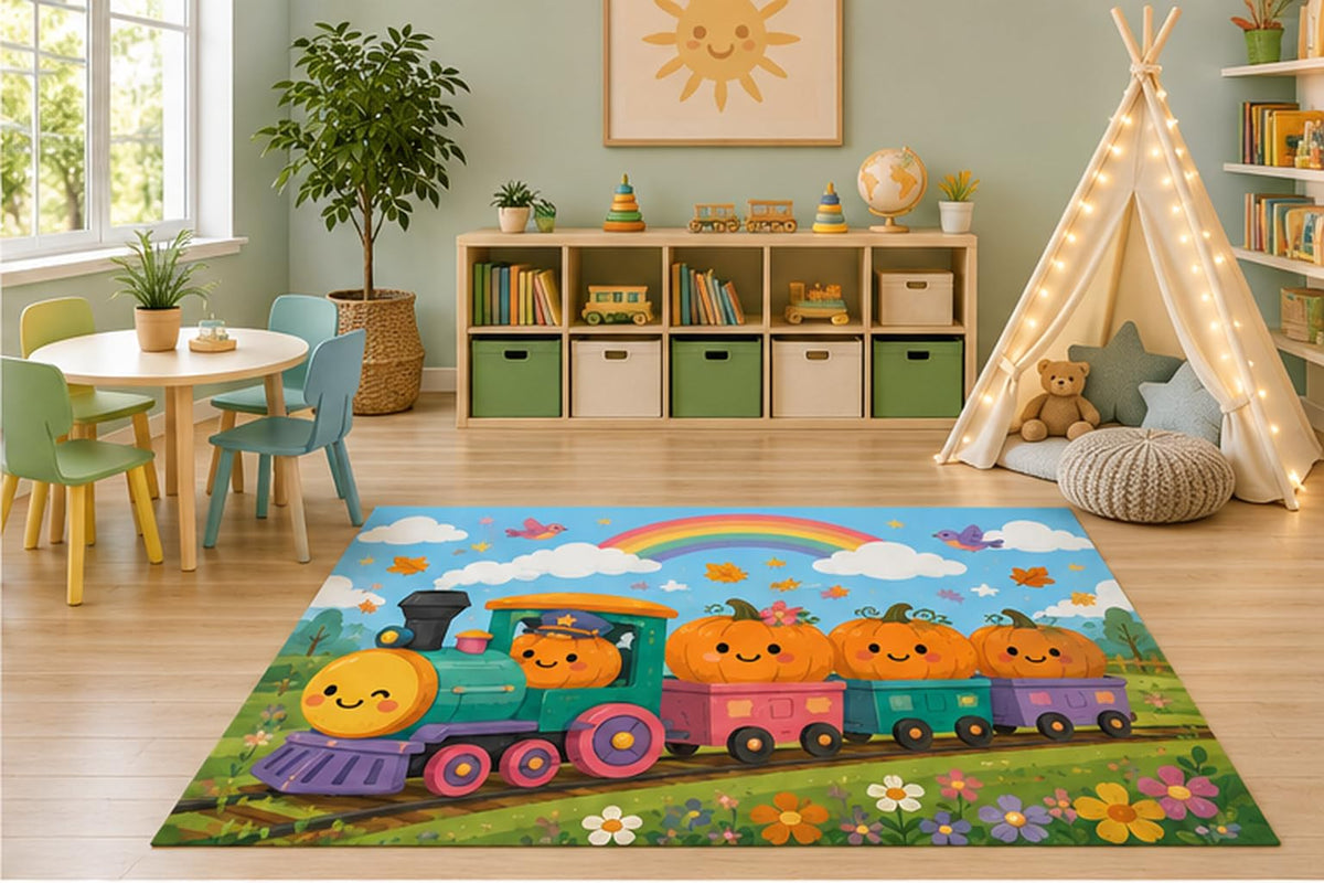 ICE ARMOR 5' x 7' Pumpkin Train Rainbow Kids Area Rug, Cute Autumn Cartoon Playroom Nursery Bedroom Classroom Decor, Non-Slip Silicone Backing Low Pile