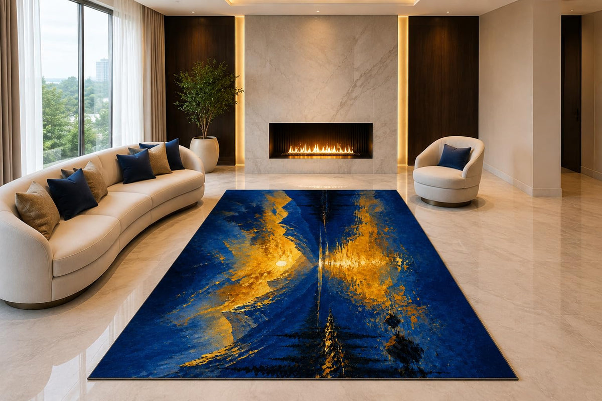 ICE ARMOR "Ultra Lightweight Large 6'7" x 9'10" Pine Reflection Area Rug for Living Room, Bedroom and Home Office, Soft Low Pile Carpet with Non-Slip Silicone Backing, Blue and Golden Color