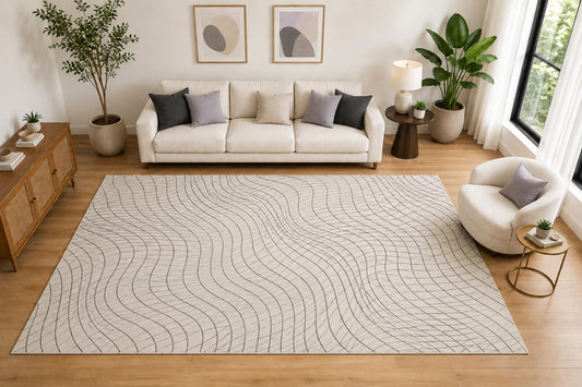 ICE ARMOR Large 6'7" x 9'10" Wavy Grid Optical Area Rug for for Bedroom, Living Room, Soft Low Pile Indoor Rug with Non-Slip Silicone Backing, Ivory Gray