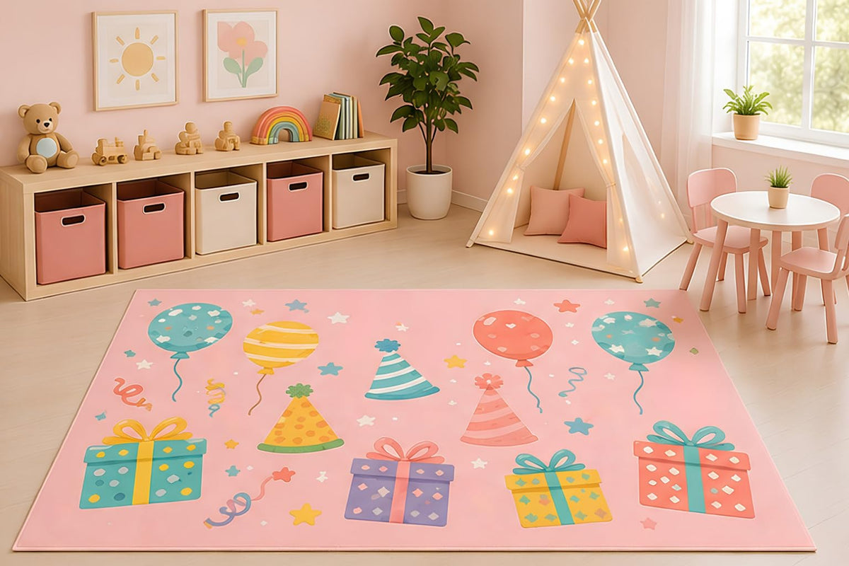 ICE ARMOR 5' x 7' Birthday Party Gifts Area Rug for Kids Playroom Nursery Bedroom, Balloons Presents Celebration Cartoon Carpet, Non-Slip Silicone Backing Low Pile
