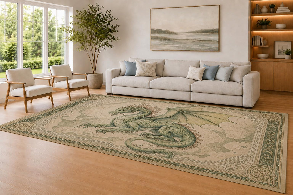 ICE ARMOR Large 6'7" x 9'10" Sage Green & Cream Mythic Dragon Area Rug for Living Room, Soft Low Pile Carpet with Non-Slip Silicone Backing, Decor for Bedroom & Home Office