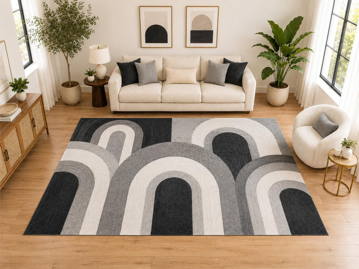 ICE ARMOR "Ultra Light Weight Large 6'7" x 9'10" Retro White and Black Arch Area Rug, Soft Low Pile Indoor Rug and Non-Slip Silicone Backing for Living Room Kids Room, Gray